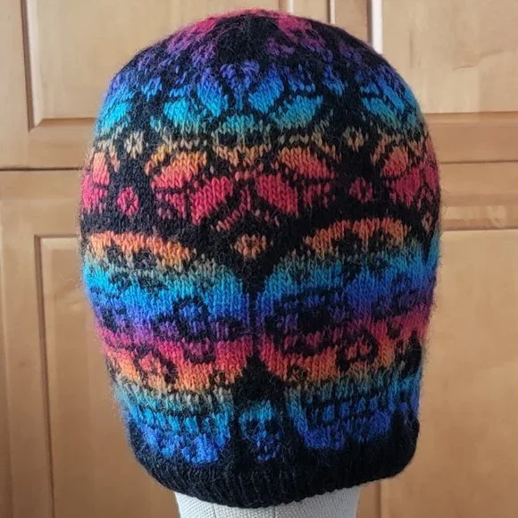 Hand Crafted Hand Knit Sugar Skull 💀 Slouchy Beanie Hat - Rainbow Colors - Picture 3 of 5